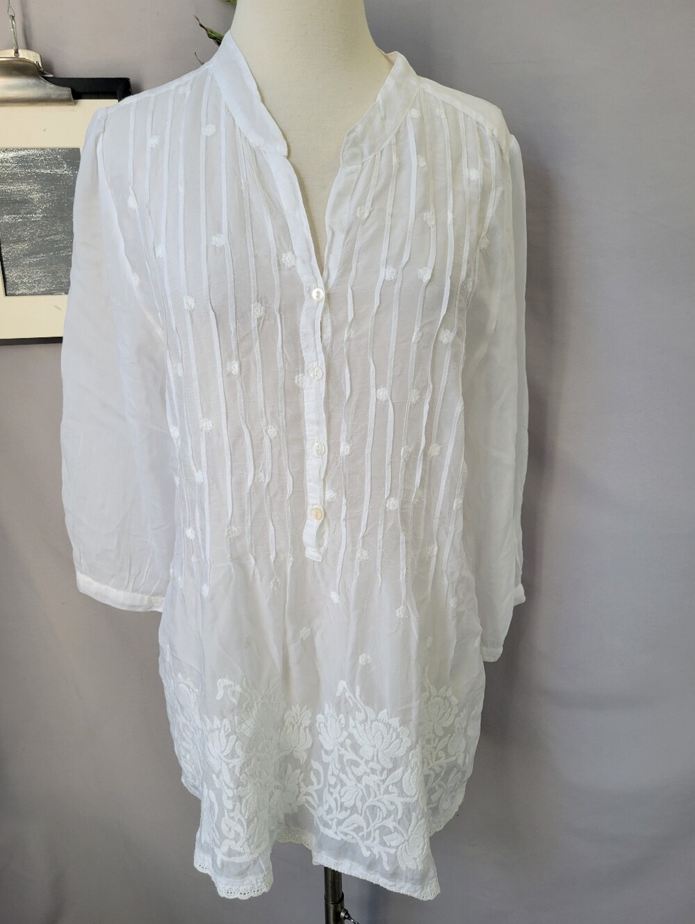 Johnny Was Blouse Pintuck Floral Embroidered Blouse White S
